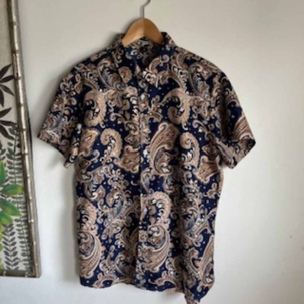 🧡3/15 SHEIN Navy Brown Paisley Button Down Shirt Men's XL